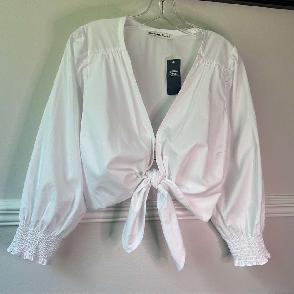 NWT Abercrombie&Fitch White Poplin Tie Front Blouse Size L